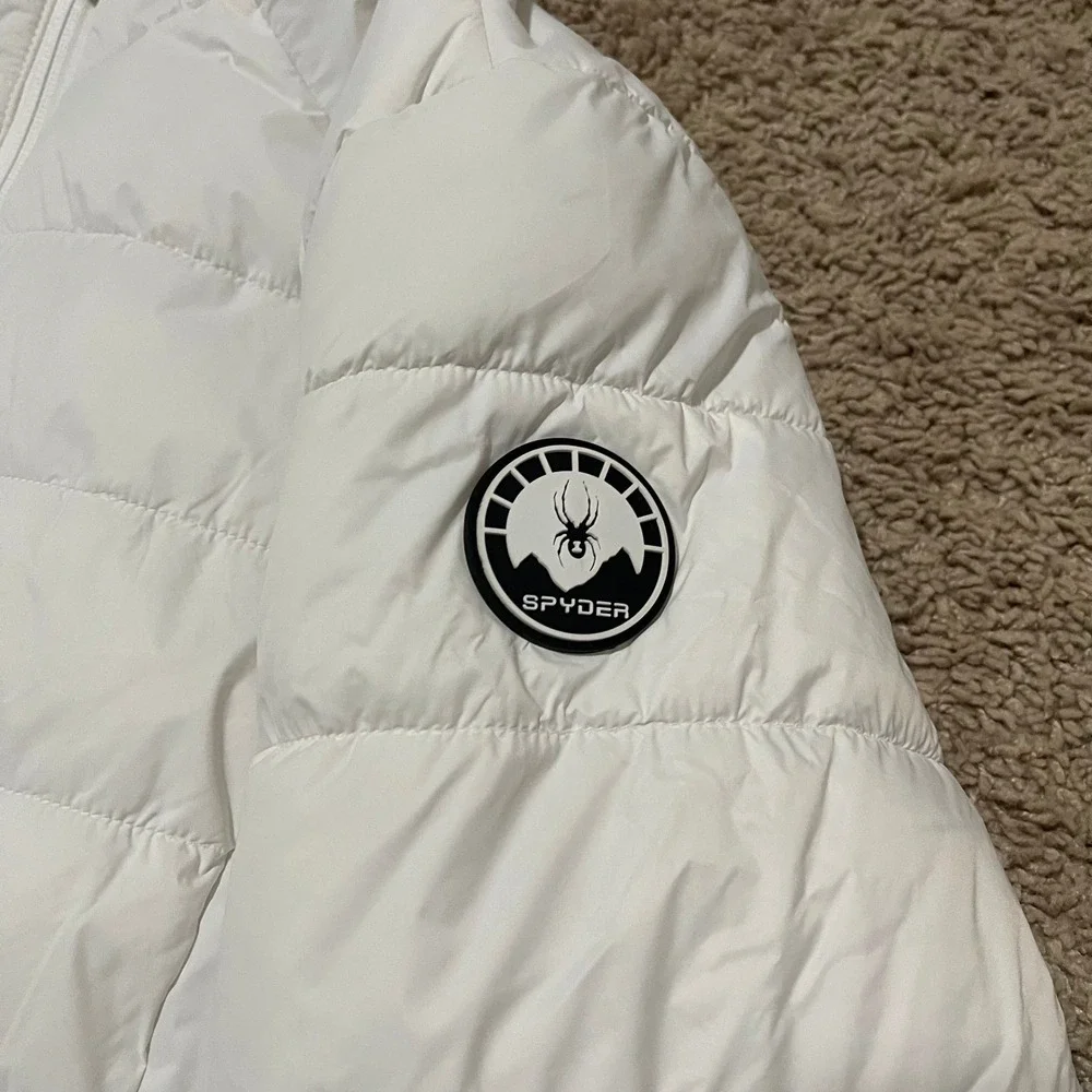 Spyder Puffer Jacket Womens Large Bright White Hooded Quilted Full Zip Ski NEW